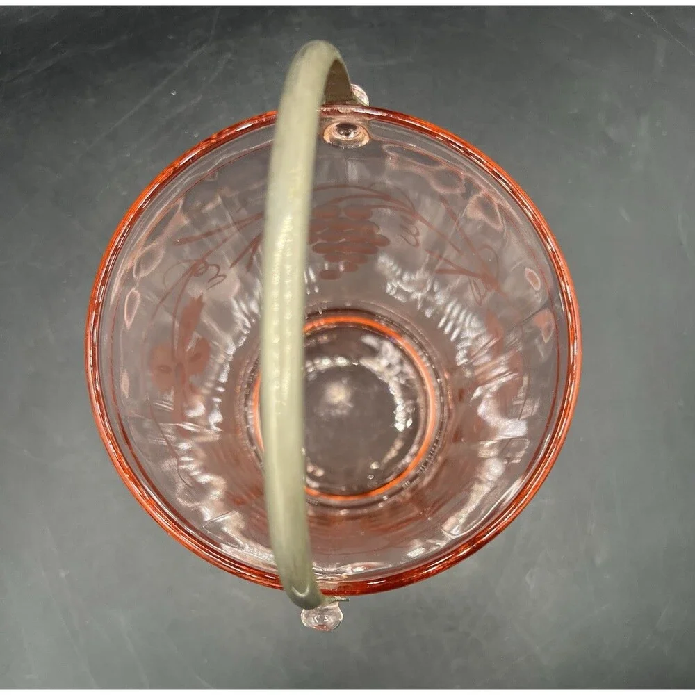 Vintage Cambridge Pink Depression Glass Ice Bucket Etched Floral Grapes Tongs